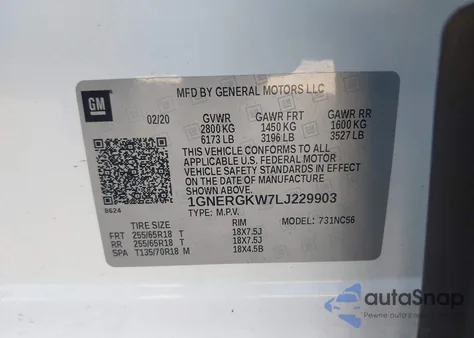 2020 Chevrolet Traverse Fwd Lt Cloth from USA, damaged, VIN 1GNERGKW7LJ229903